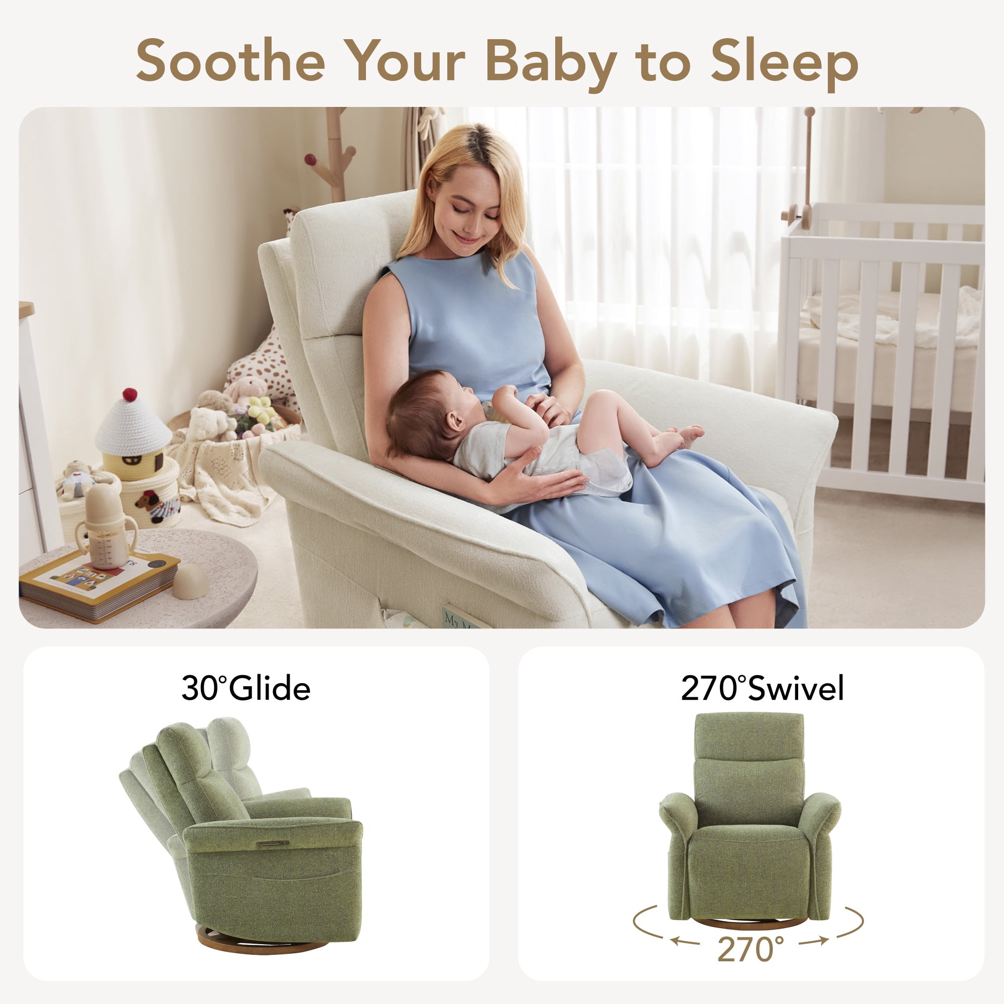 Spruce & Spring Triple Motor Power Swivel Recliner for Mothers, Moss Green-Linen-like Fabric
