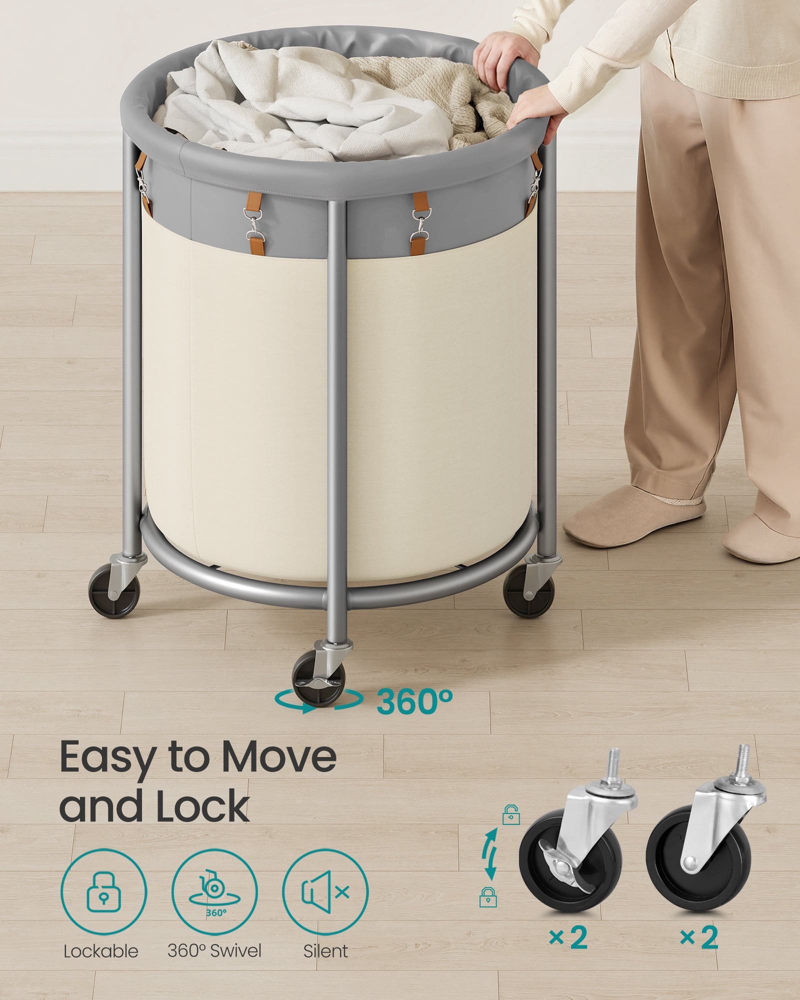 SONGMICS 50.2-Gallon (190 L) Laundry Basket with Wheels, Steel Frame and Removable Bag, 2 Locking Wheels, Dove Gray and Cream White