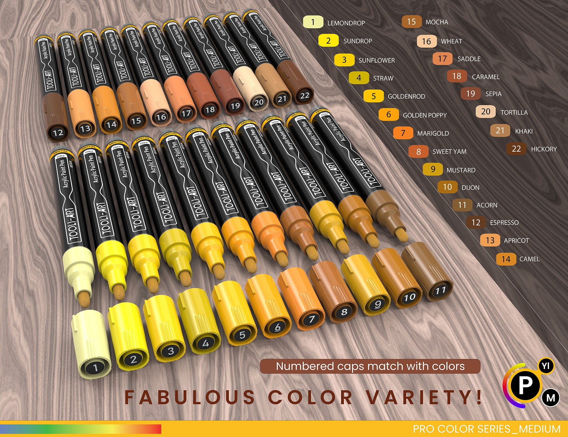 Tooli-Art Acrylic Paint Pens Yellow and Brown Pro Color Series Set with 3mm Medium Tip Marker Set of 22