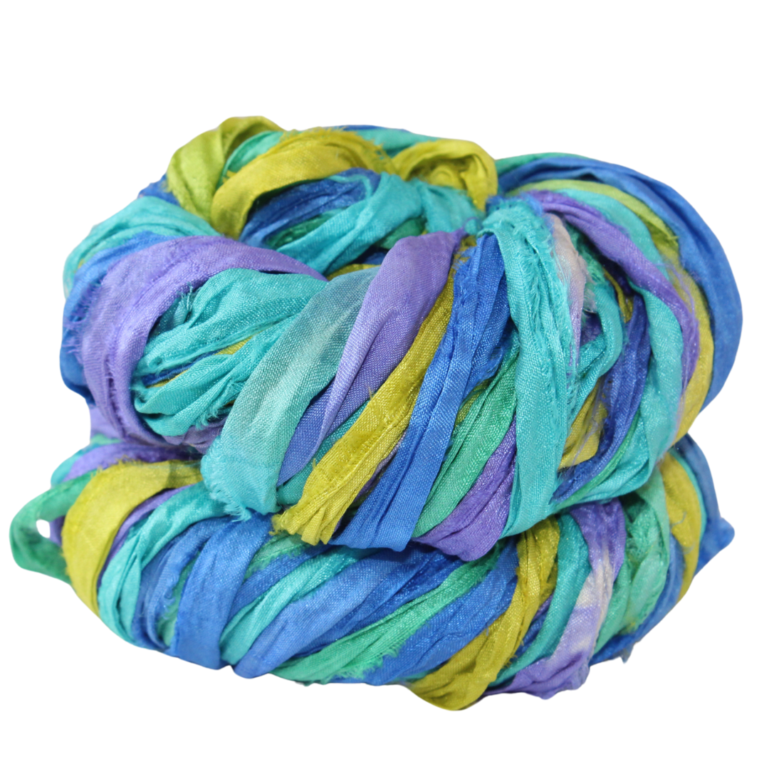 Knitsilk Recycled Sari Silk Ribbon Yarn|Best for Crochet, Knitting, and Embroidery and Jewelry Making |Sustainable and Unique Texture Ribbon Yarn|50 GMS-30Yards-Tye and dye, Pack of 2