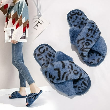 

〖Yilirongyumm〗 Blue 36-37 Slippers For Women Warm Shoes Slippers Bedroom Indoors Anti-Slip Plush Women Soft Leopard Floor Women s Slipper