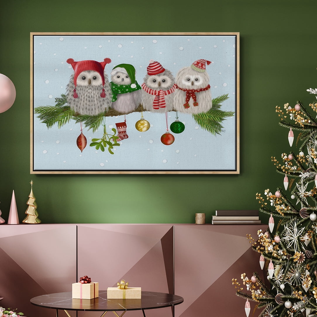 Christmas Fluffy Christmas Owls on Branch - Framed Gallery Wrapped Holiday Canvas - 17 x 25 - Natural Wood Frame