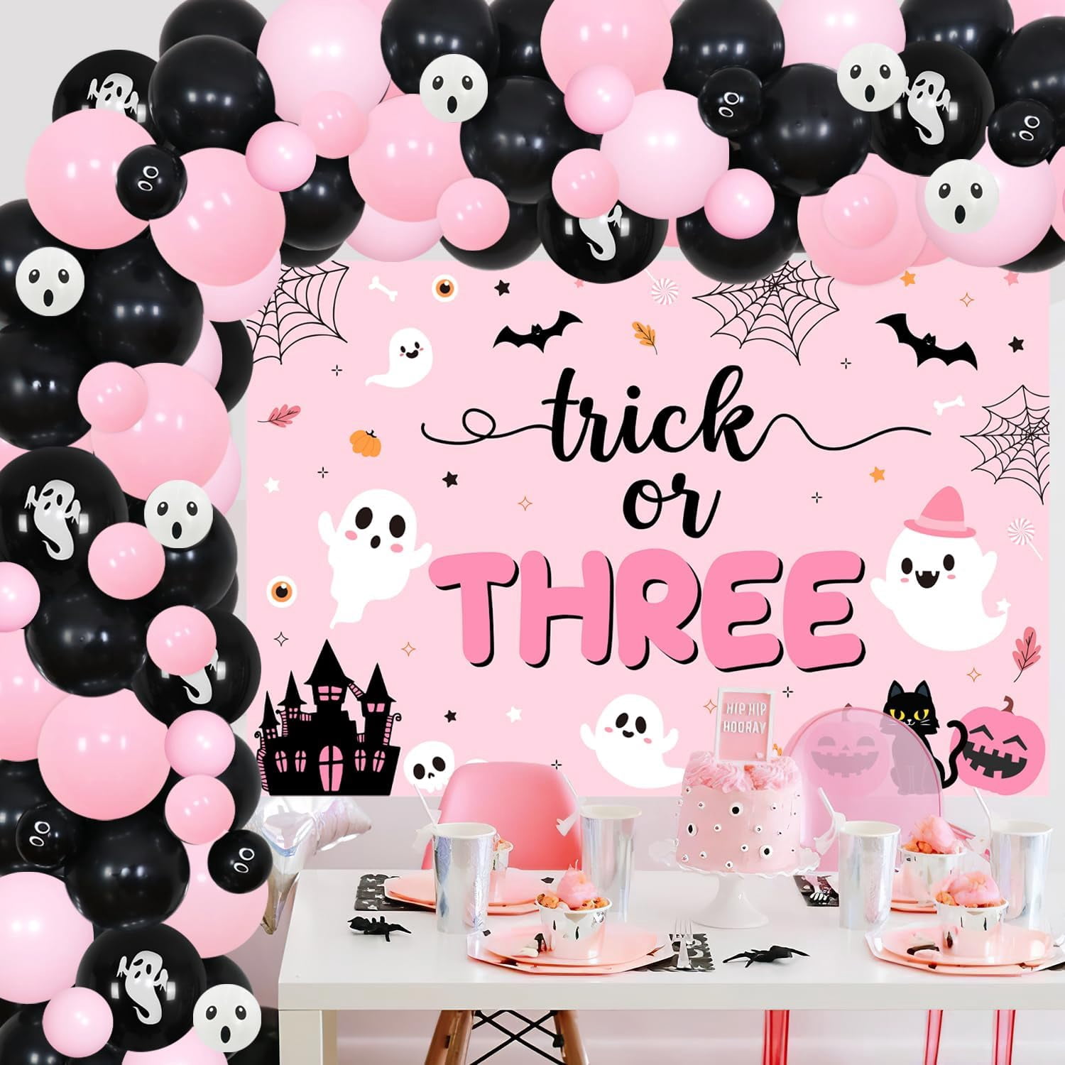 84Pcs Trick or Three Theme Halloween 3rd Birthday Party Decoration Pink Black Balloon Garland Arch Kit Number 3 Foil Balloon 3D Bat Wall Stickers for Girls Halloween Three Birthday Party Decor Favors