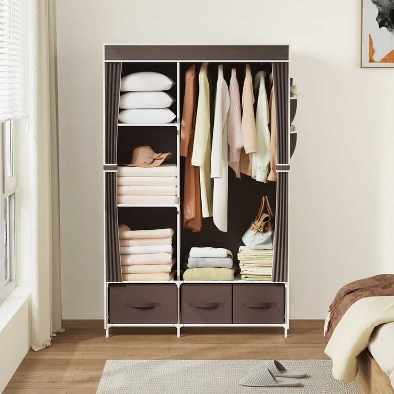 Riousery Portable Closet Bedroom Wardrobe Closet Organizer with Cover 3 Storage Boxes Hanging Rods and Shelves Brown