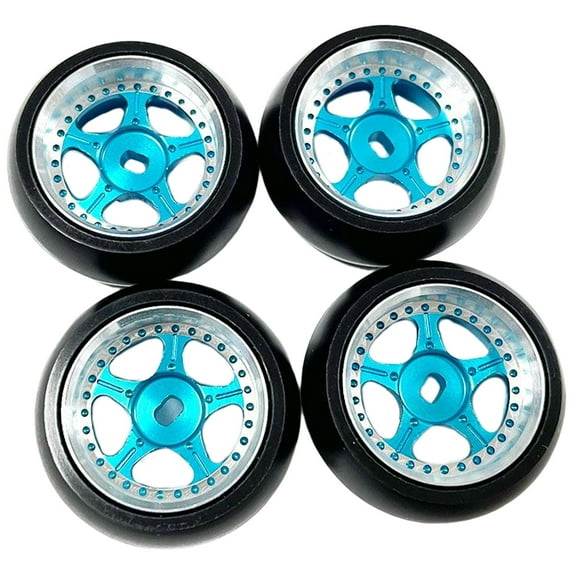 4Pcs Rubber Tires Hard Anodized Wheel Rims for K969 K989 P929 1:28 RC Replacement , Blue