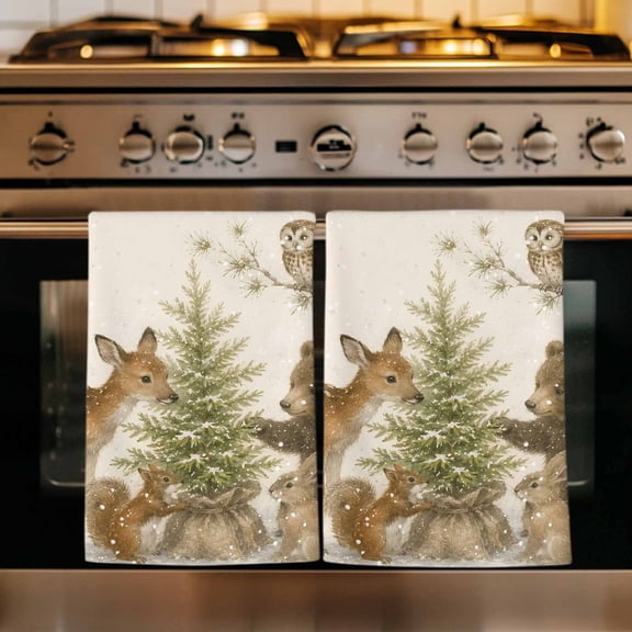 Forest Kitchen Towels Set of 3, Christmas Trees Snowflake Elk Wildlife Winter Absorbent Dish Towels for Kitchen, Microfiber Hand Towel, Quick Drying Tea Towel for Cleaning Decorative Dishcloths