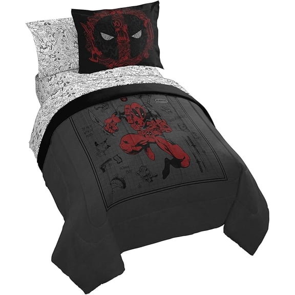 Marvel Deadpool Wanted 7 Piece Full Size Bed Set with Shams