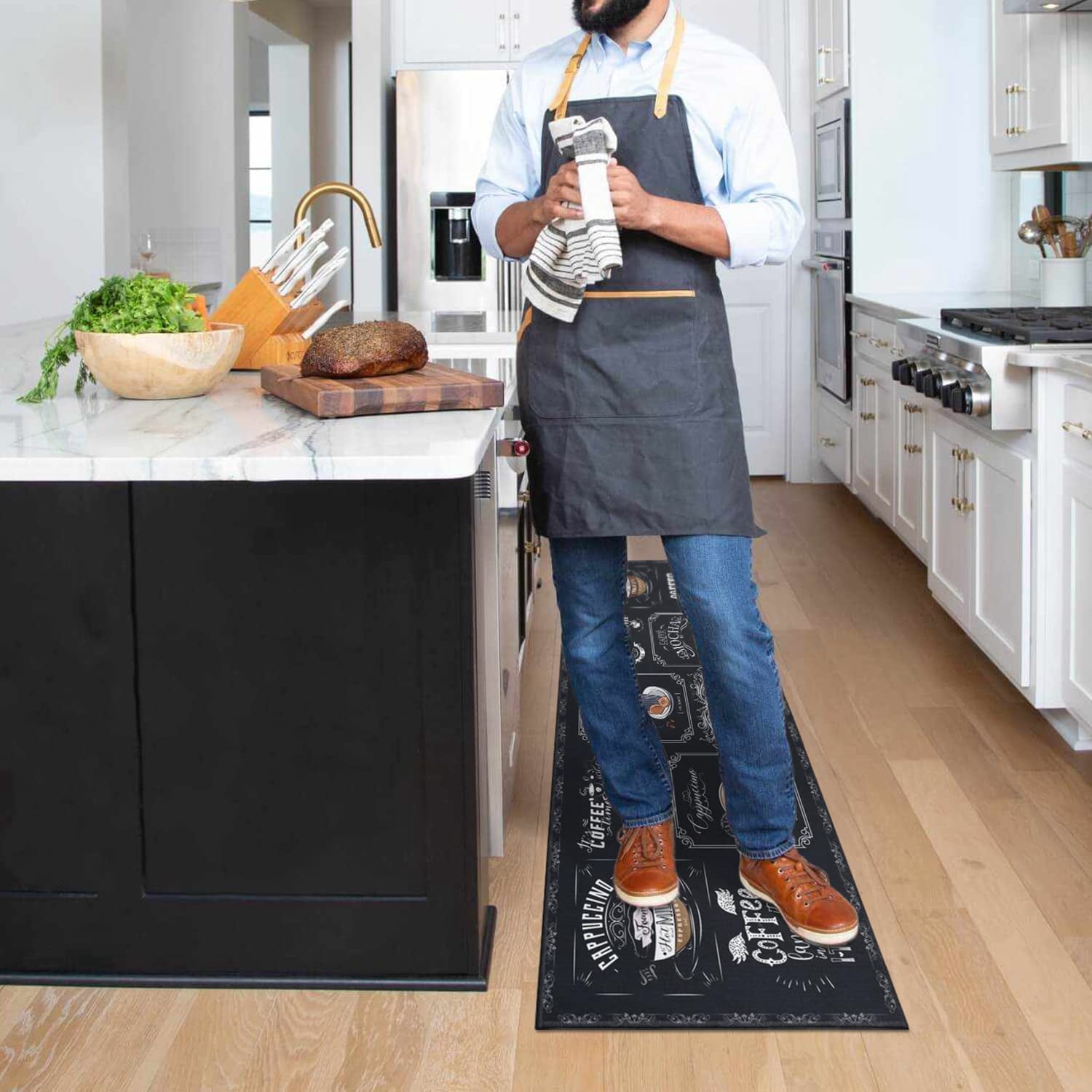 Black Coffee Theme Kitchen Rugs Set of 2,Cafe Kitchen Rugs and Mats Non Skid Washable,Black Kitchen Runner Rugs with Rubber Backing (Classical-Tea 17"x48"+17"x30")