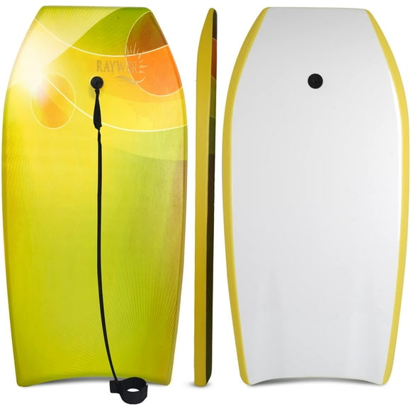 RAYWER Body Board Lightweight with EPS Core, HDPE Slick Bottom , Leash & Adjustable Wrist Rope, Great Surfing for Kids and Adults (Yellow, 33-INCH)