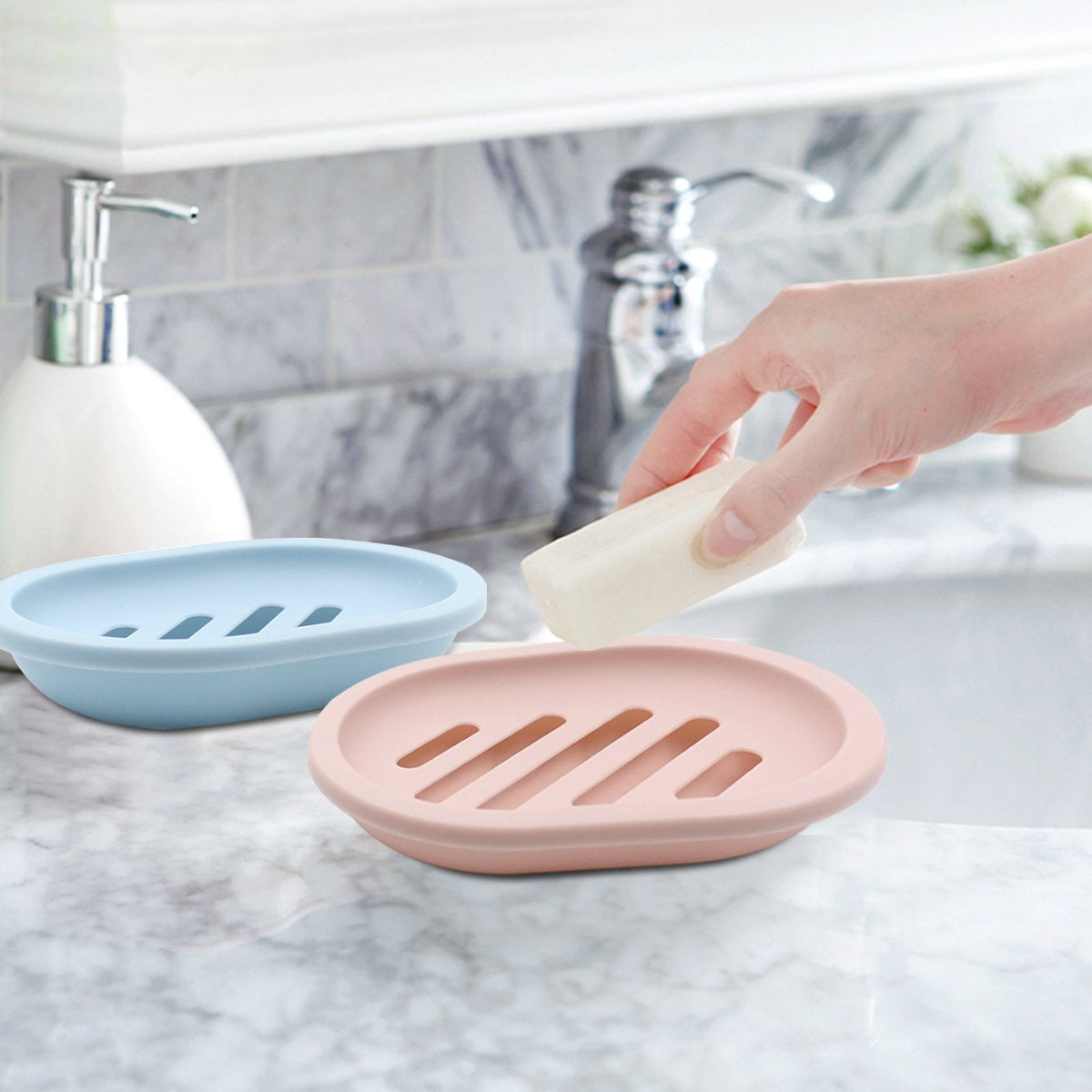 HPROSPER 2 Pcs Soap Dish, Silicone Dishes Holder with Drain for Shower Bathroom Bar Holder, Self Draining Waterfall Drying Tray, Saver Shower