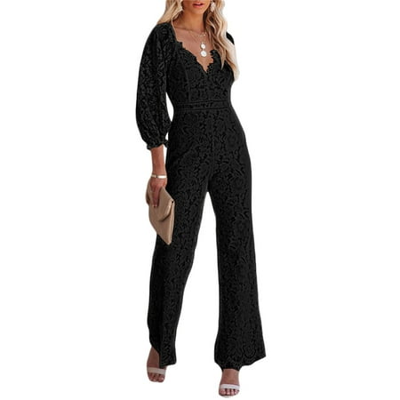 

Ma&Baby Women Elegant One-Piece Jumpsuit Long Sleeve Lace Floral V-Neck Wide Leg Rompers Bodysuit