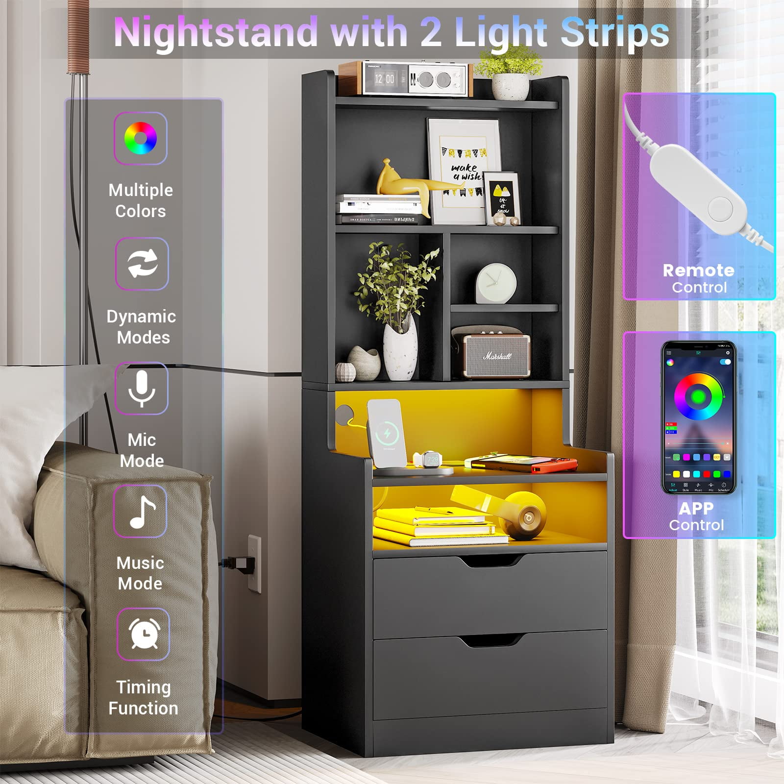 Afuhokles Nightstand Set of 2 with Charging Station and LED Lights, Night Stand with Bookshelf,Bedside Table with Drawers, Black