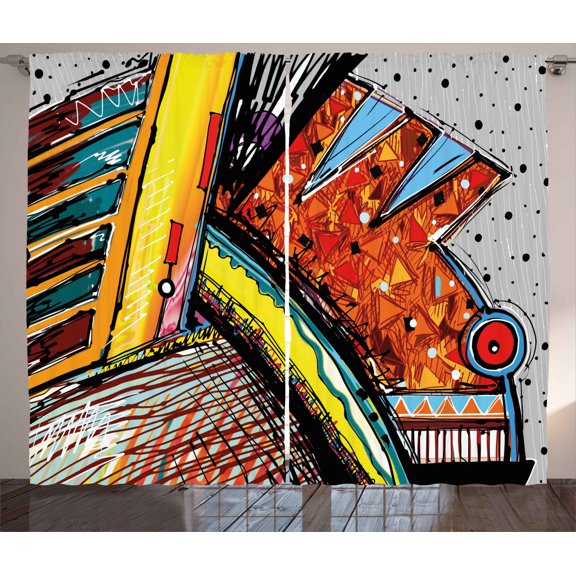 Ambesonne Trippy Curtains 2 Panel Set, Funky Abstract Music, 108" x 84", Multicolor