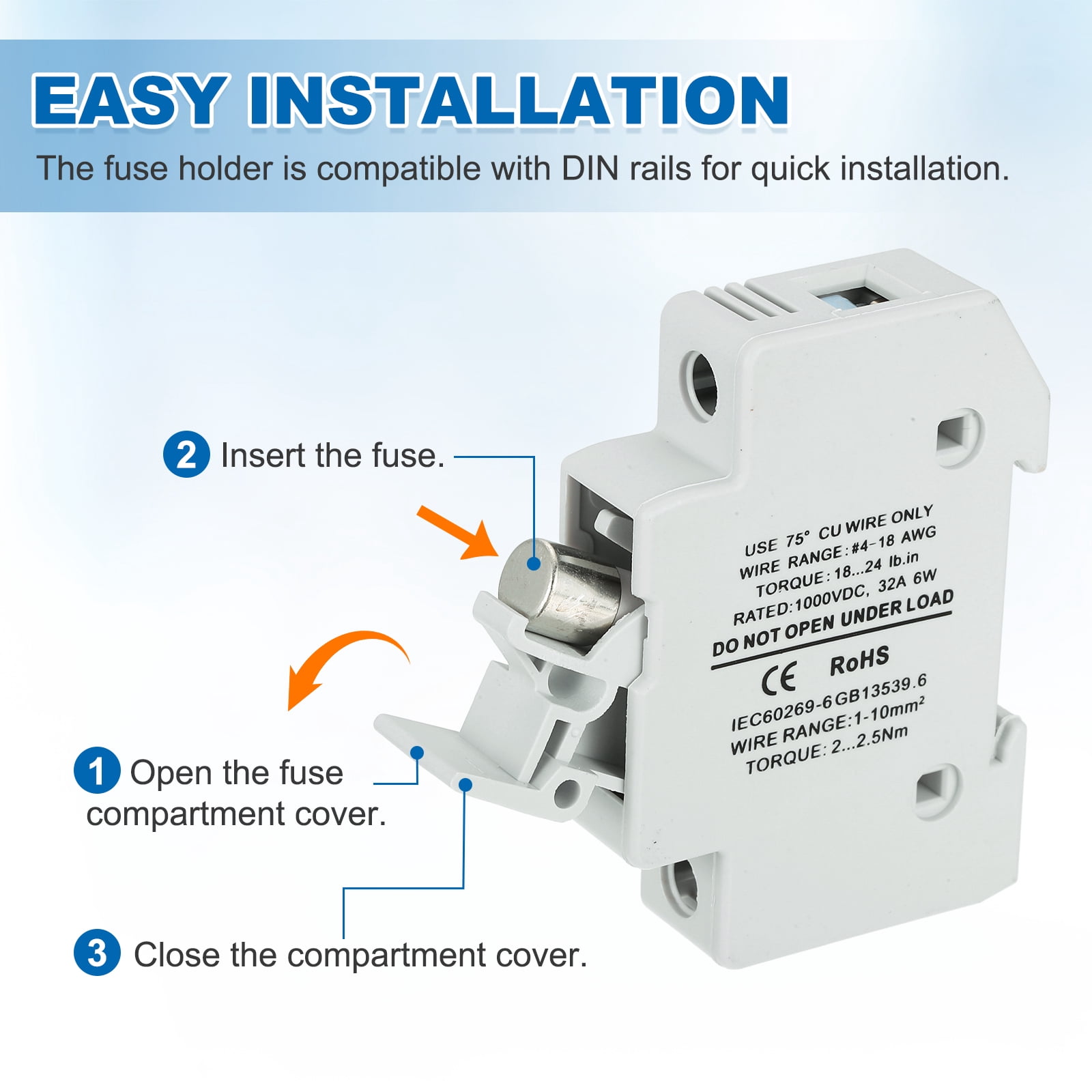 Din Rail Fuse Holder with 1 Core Block,10x38mm DC 1000V 20A Single Pole Solar/ Photovoltaic Fuse Holder 4-18AWG for Solar PV Systems Battery Protect,Pack of 2