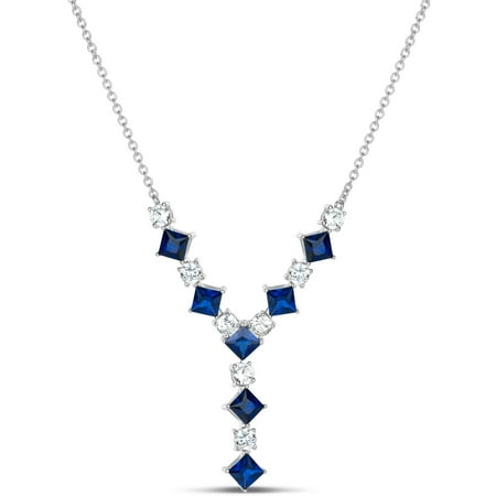 Created Blue and White Sapphire Sterling Silver Square Y Necklace, 18