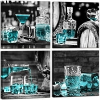 Dining Room Wall-Decor - Kitchen Wall Art Black And White Wall Art - Teal Wine Cup Decor Modern Art Wall Decor For Living Room 4 Pieces Framed Canvas Art 14x14 Inches