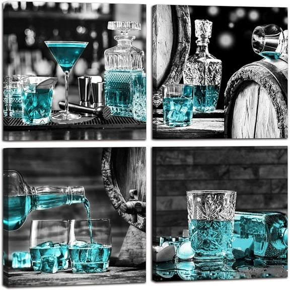 Dining Room Wall-Decor - Kitchen Wall Art Black And White Wall Art - Teal Wine Cup Decor Modern Art Wall Decor For Living Room 4 Pieces Framed Canvas Art 14x14 Inches