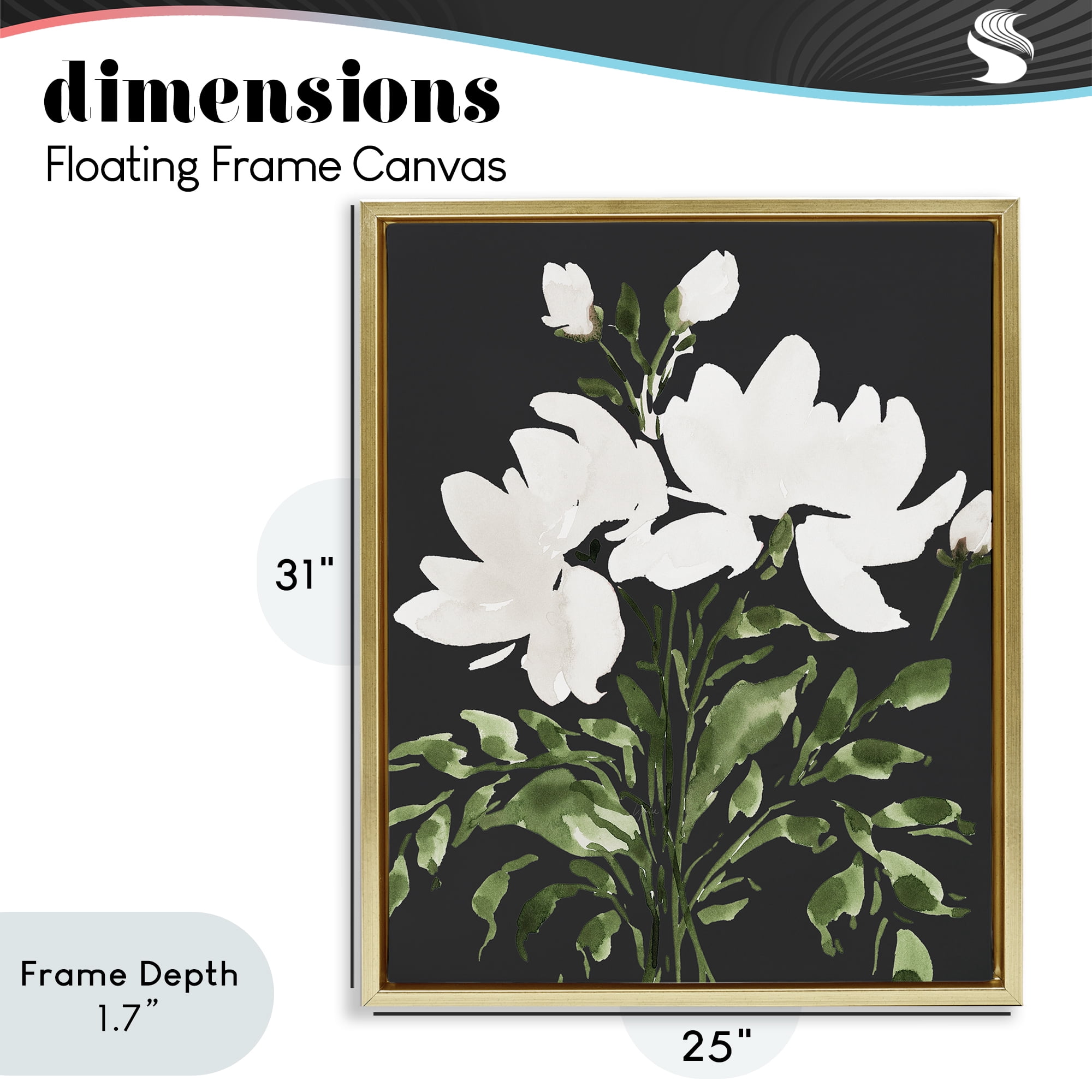 Stupell Industries White On Black Floral Gold Framed Floater Canvas Wall Art, design by Lucille Price