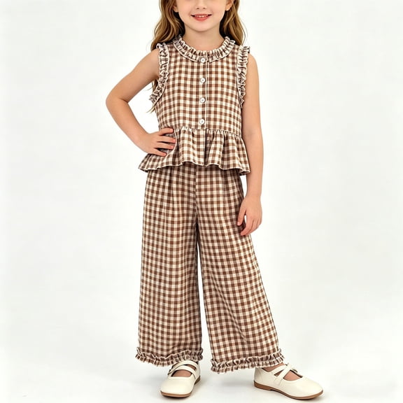 Mifsaly Toddler Girls Cute Summer Outfits 2 Piece Plaid Sleeveless Ruffle Peplum Shirts and Wide Leg Pants Kids Casual Soft Boutique Apparel Playwear