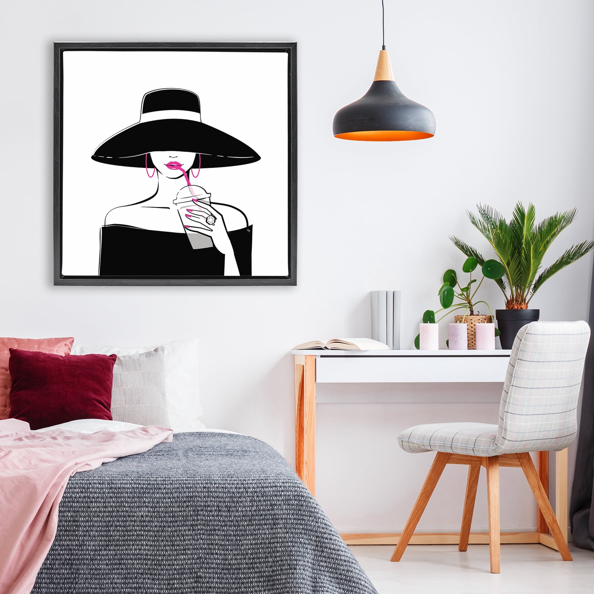 Stupell Industries Chic Black Hat Sipping Coffee Black Framed Floater Canvas Wall Art, design by Martina Pavlova