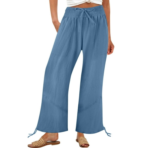 Kvture Flowy Pants for Women Cotton Linen Wide Leg Palazzo Pants Casual Loose Lightweigt Drawstring Beach Travel Pant Blue XL
