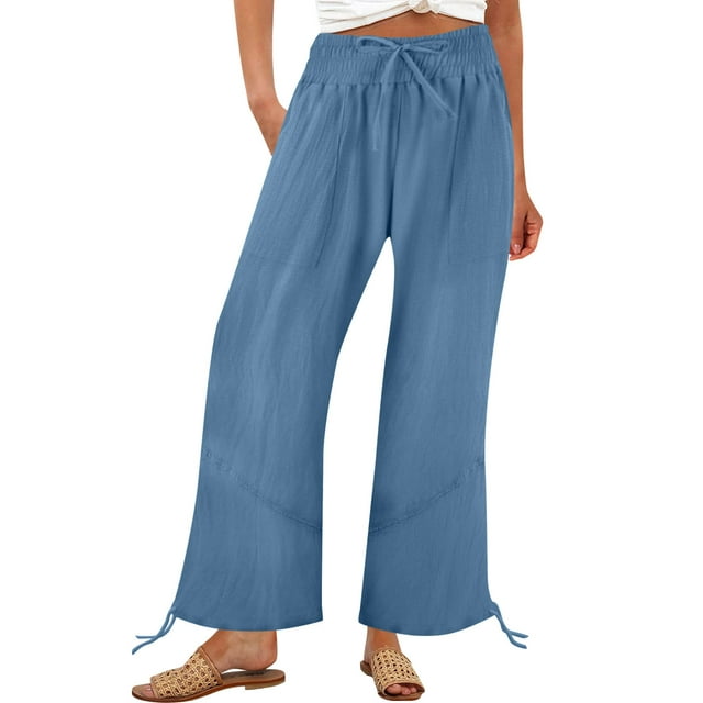 Ohufall Cotton and Linen Pants for Ladies Solid Elastic Waist Drawstring Trousers Wide Leg Plus Size Summer Pants, Size S-3XL