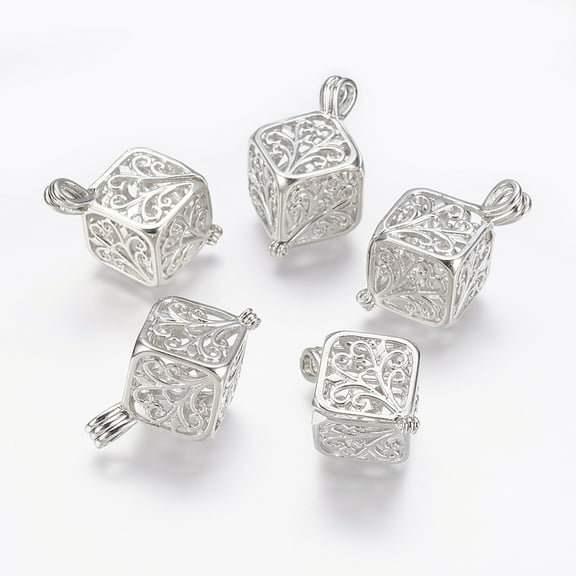 10 pc Brass Locket Pendants Cage Pendants Cube Filigree Platinum 27x17.5x17.5mm Hole: 2.5x4mm Inner: 11x15mm