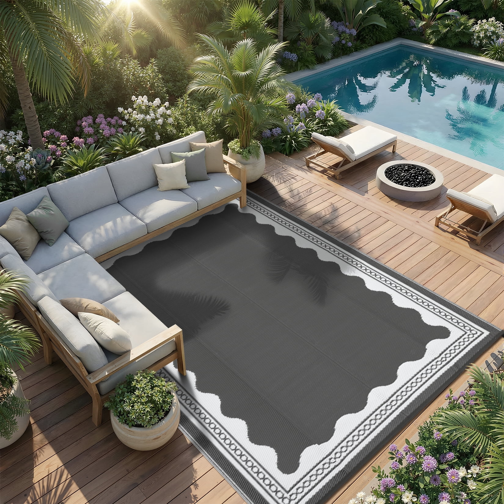 Garvee Outdoor Rug 8x10ft Modern Bordered Reversible Plastic Straw Rug, Waterproof RV Camping Rug Foldable Patio Rug for Deck Porch Balcony Backyard Picnic Beach, Gray/White