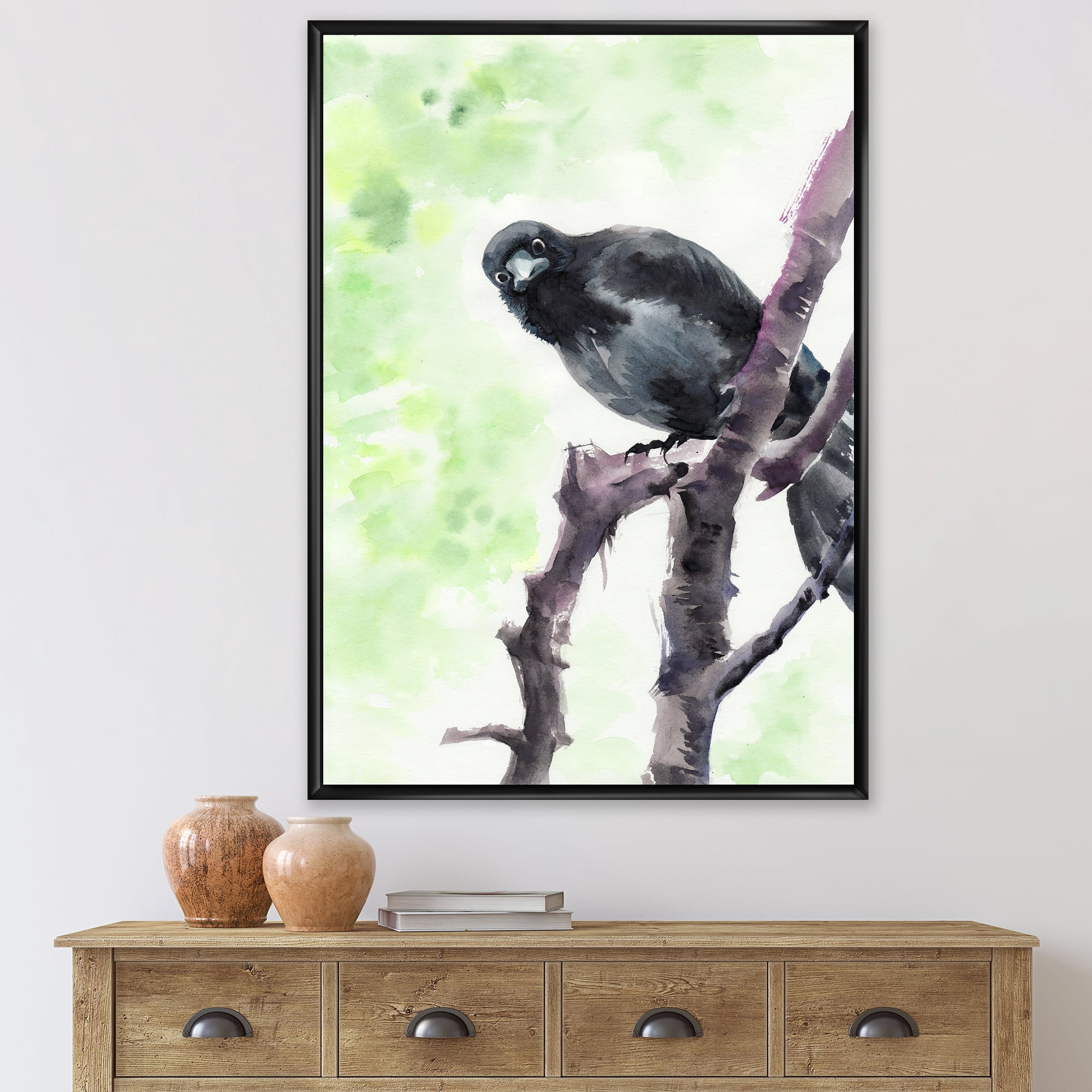 Curious Crow Sitting On A Branch 12 in x 20 in Framed Painting Canvas Art Print, by Designart