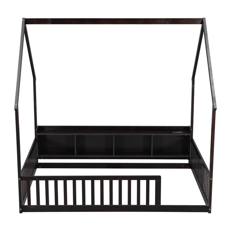Full Size House-Shaped Canopy Bed with Roof, Wood Kid's Floor Bed Frame with Storage Shelves, LED Lights & Charging Station