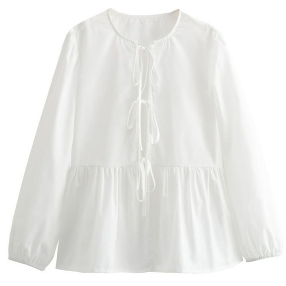 Ltctricy Babydoll Tops for Women Crew Neck Tie Front Solid Color Lantern Long Sleeve Shirts Casual Loose Blouses(White,Small)