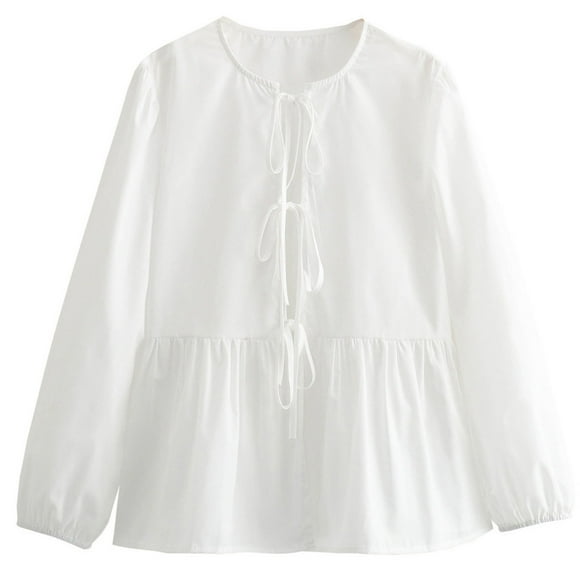 Timegard Blouses for Women Long Sleeve Shirts Tie Front Tops Fall Fashion Bow Crew Neck Cute Blouse