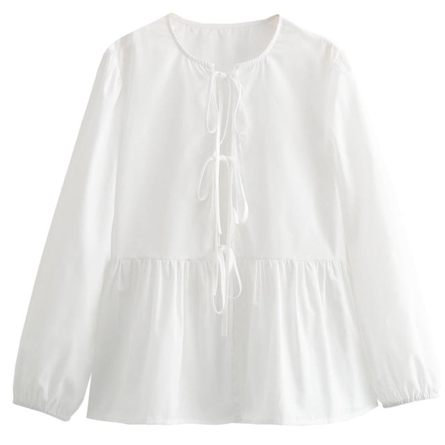 Yuyuzo Hauts à Nouer pour Femmes Manches Bouffantes 3/4 Mignon Volant Col Rond Chemises Décontractées Amples