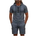 thumbnail image 3 of VBTAPA Mens Beach Outfits 2 Piece Cotton Linen Set Lace Up Short Sleeve Hooded Shirt and Shorts Set Retro Boho Resort Wear Gray L, 3 of 8