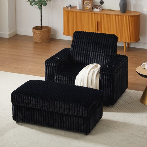 Corduroy Chaise Lounge Chair,Upholstered Sofa Bed with Backrest Pillow and Cup Holder,Single Recliner Deep Seat for Living Room,Black