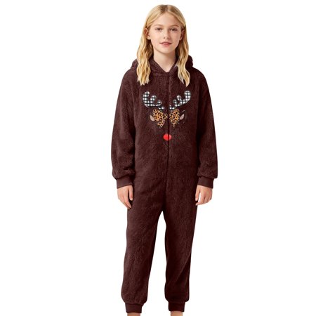 XDZJLR Flannel Christmas Onesie Pajamas For Kids Boys Girls Xmas Cozy Fleece Hooded Romper Jumpsuit Warm Winter Playwear Soft Loungewear Comfort Toddler Outfit Pjs Brown 4-5 Years