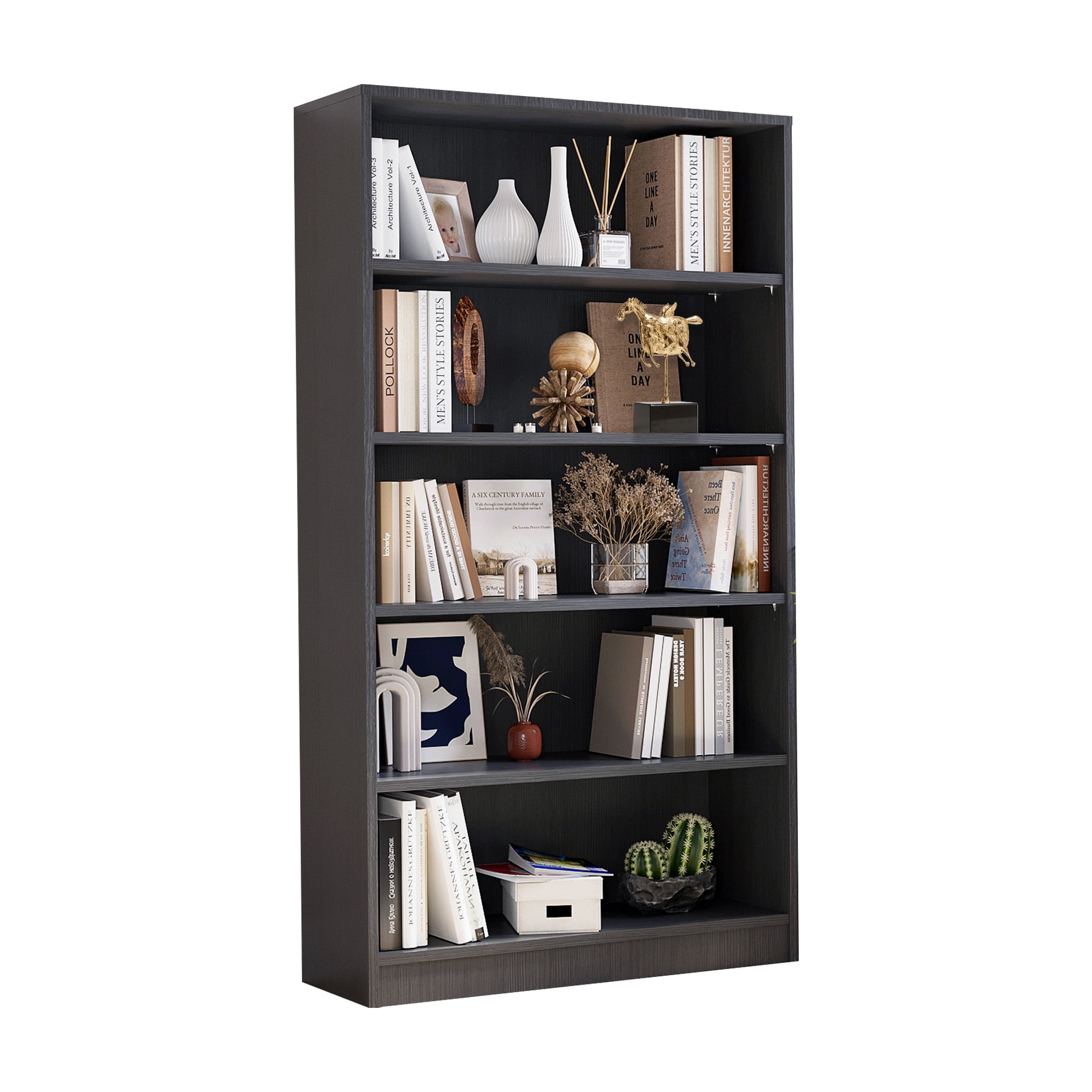 MAYEERTY Gray 5-Shelf Modern Wood Bookcase, 60" Tall, for Bedroom, Living Room, and Manga Library