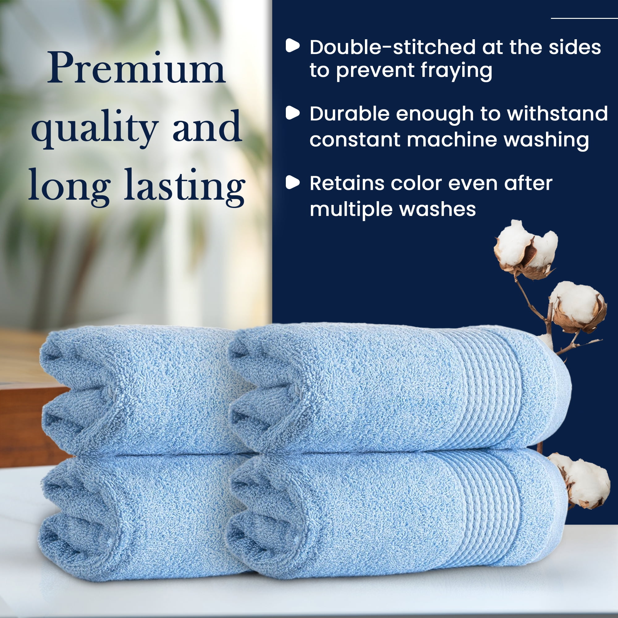 HALLEY Turkish Hand Towels Set - 4 Pack Bathroom Set, Ultra Soft, Machine Washable, Highly Absorbent, 100% Cotton - Luxury Spa Quality - Blue
