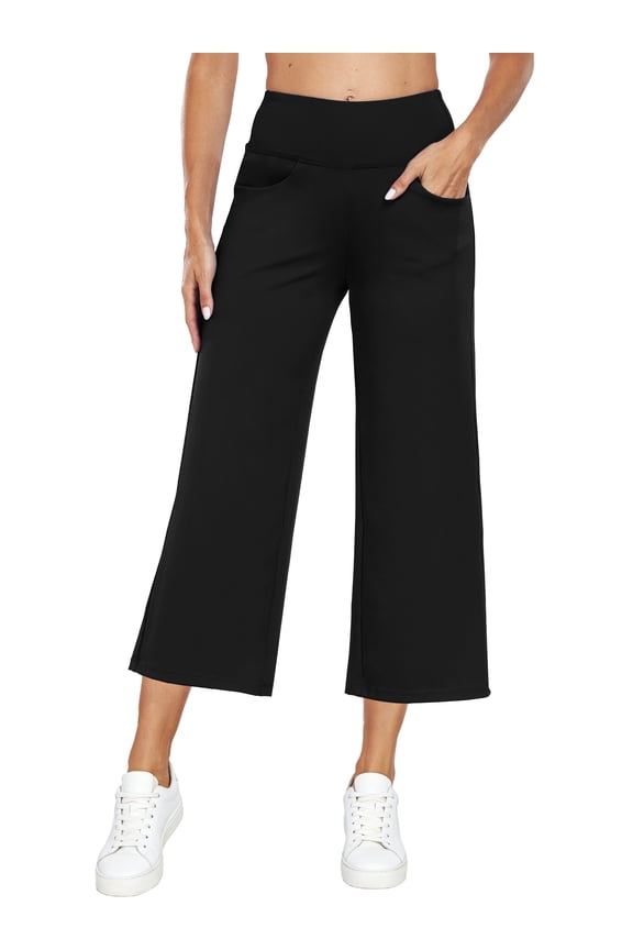 Womens 25" Wide Leg Capri Pants Yoga Legging High Waist Cropprd Pants with Pockets,Black,US Size L