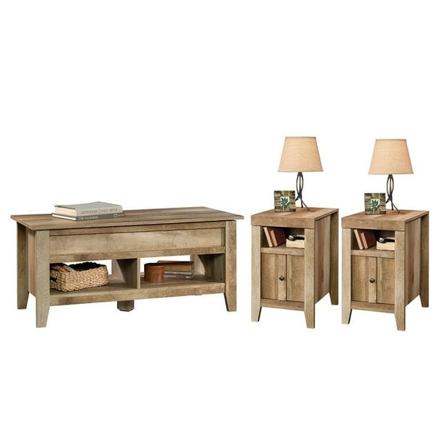 3-Piece Coffee Table Set with Coffee Table and 2-End Tables in Craftsman Oak