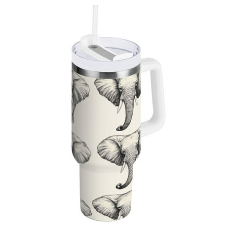 

40 Oz Car Handle Water Cup 10.8x3.85 Inch Stainless Steel Water Cup With Handle Water Cup Car Water Cup Travel Coffee Cup Grey Elephant Pattern