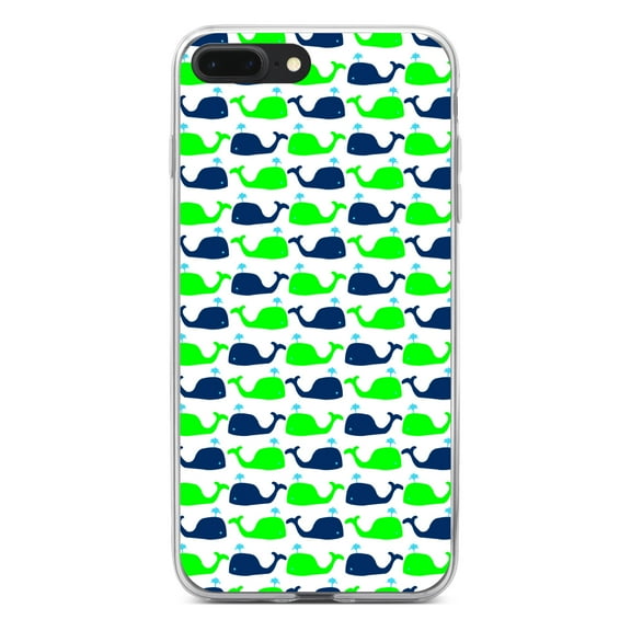 DistinctInk Clear Shockproof Hybrid Case for iPhone 7 PLUS / 8 PLUS (5.5" Screen) - TPU Bumper, Acrylic Back, Tempered Glass Screen Protector - Green Navy Cartoon Whales - Cartoon Whales