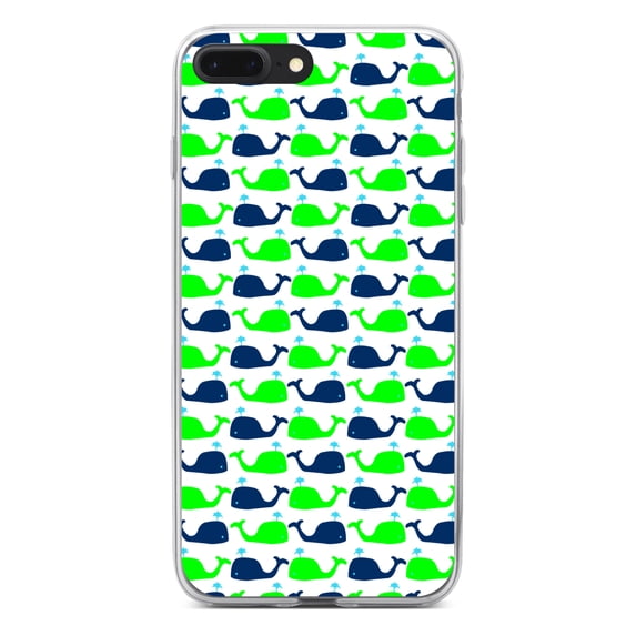 DistinctInk Clear Shockproof Hybrid Case for iPhone 7 PLUS / 8 PLUS (5.5" Screen) - TPU Bumper, Acrylic Back, Tempered Glass Screen Protector - Green Navy Cartoon Whales - Cartoon Whales