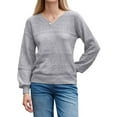 thumbnail image 3 of Women Knit Sweaters Fall V Neck Long Sleeve Pullover Casual Loose Sweater Grey M, 3 of 6