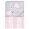 Hudson Baby Infant Girl Hooded Towel and Five Washcloths, Pink Elephant, One Size
