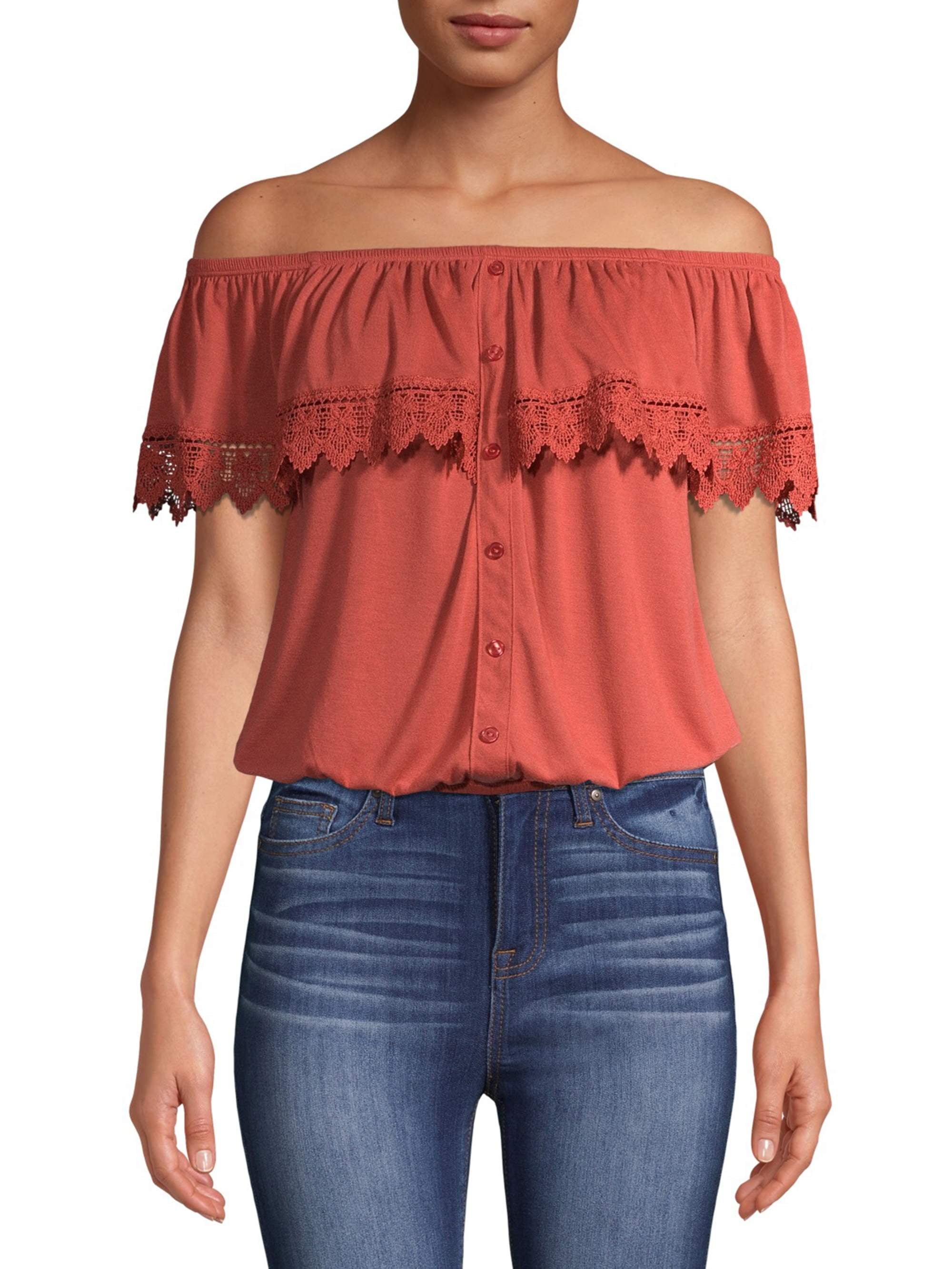 No Boundaries No Boundaries Juniors' OfftheShoulder Button Front