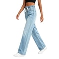 thumbnail image 4 of Risckoth Women's Plus Size Drawstring Elastic Waist Jeans Straight Leg Loose Fit Side Pockets Solid Casual Long Pants S-2XL, 4 of 7