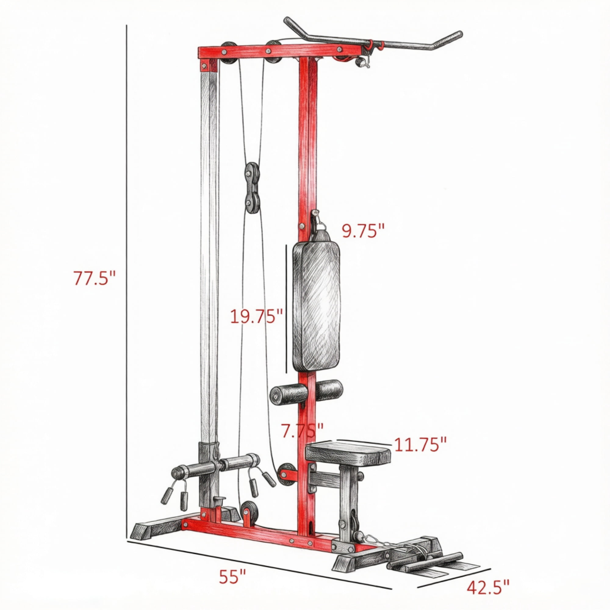 Pull Down Machine with Adjustable Seat And Flip-Up Footplate High/Low Pulley Home Gym Equipment for Upper Body Strength Training Red