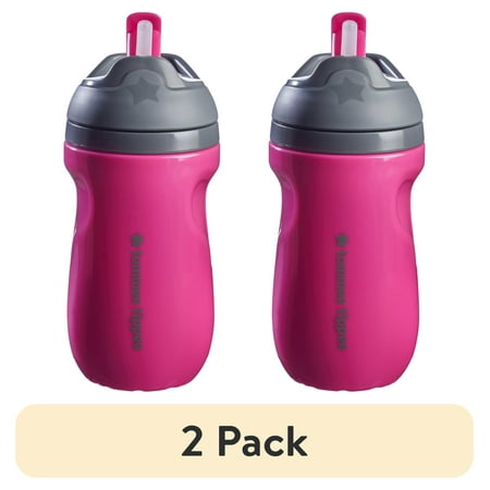 (2 pack) Tommee Tippee Insulated Sporty Straw Bottle, 9oz, 12 Months+ Spill Proof Toddler Water Bottle, Flip Lid Helps Keep Straw Clean, Pink, 1 count