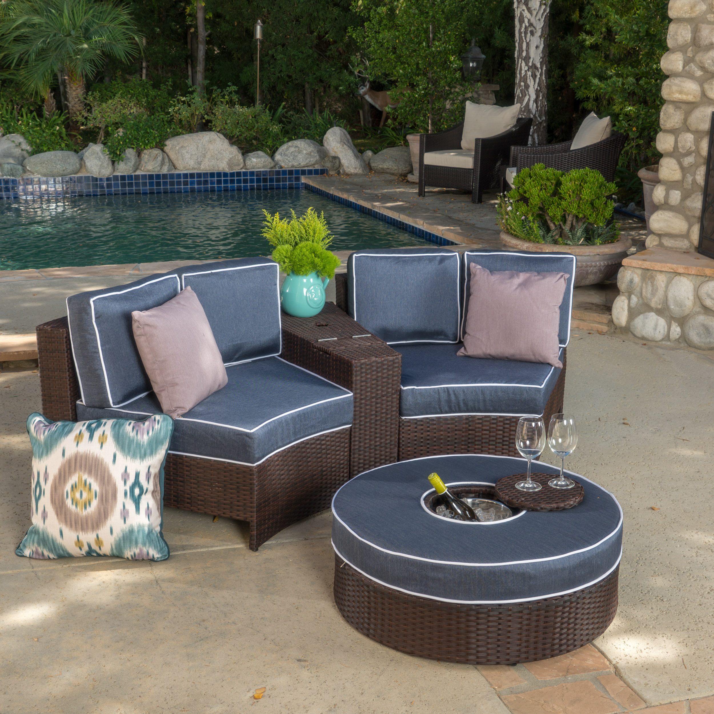Sinclair 4 Piece Outdoor Wicker 1/2 Round Seating Set with Cushions and